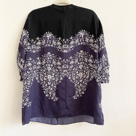 BCBGMaxazria Print Boho Top Black Navy Blue White Floral Paisley Roll Tab Size L - Picture 9 of 11
